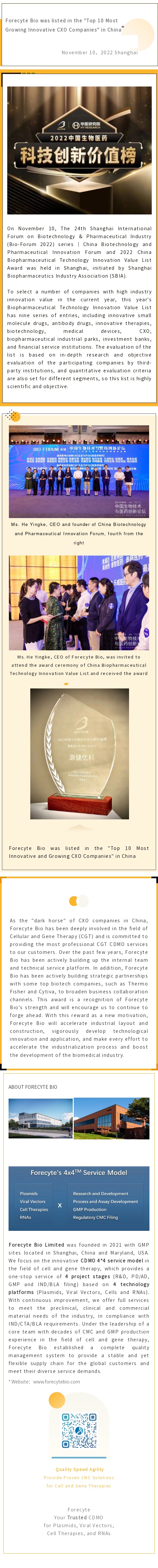 Forecyte Bio was listed in the "Top 10 Most Growing Innovative CXO Companies" in China” 